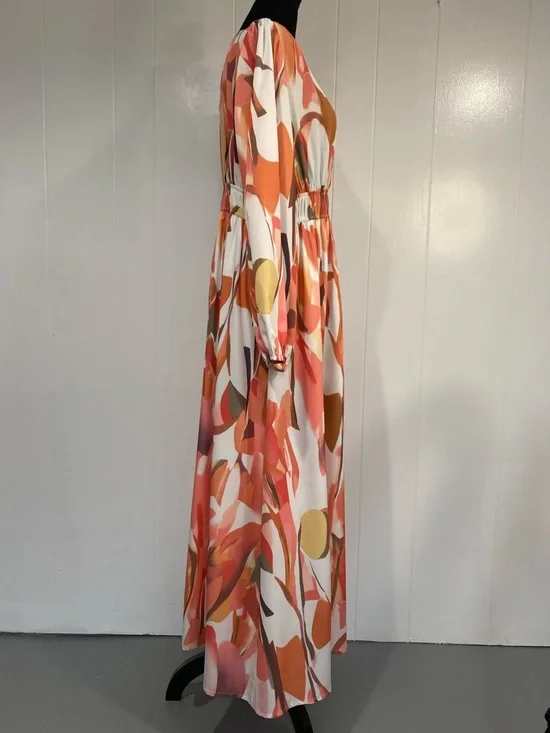 Romantic Flowing Maxi Dress V Neck Empire Waist | Boho Sunset Coral Pink Large - Picture 8 of 13